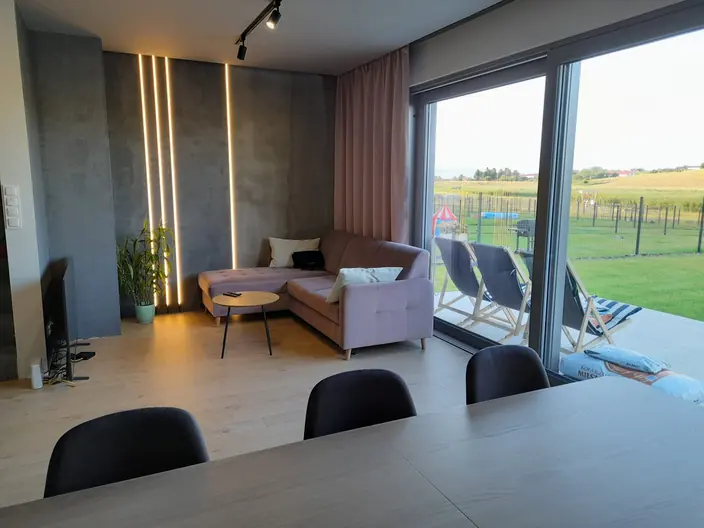 Salon z wyjściem na taras, beton dekoracyjny i pionowe listwy LED